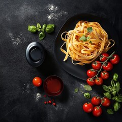 Wall Mural - Spaghetti with tomato herb sauce, top down.