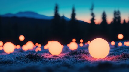 Wall Mural - a surreal landscape with floating, glowing orbs that represent messages traveling through the air, s
