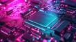© arsyi_06 - A close-up view of a CPU chip on a circuit board with pink and blue neon lighting.