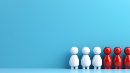 A group of small figurines stands in a line, featuring white and red colors. The setting has a vibrant blue background, emphasizing the cheerful arrangement