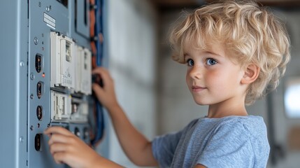 Child playing near an open electrical panel, highlighting the potential dangers of unsafe environments and the need for child safety