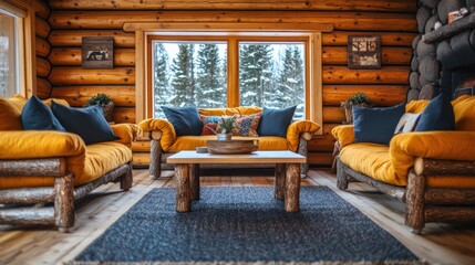 Cozy living room with two yellow sofas, wooden coffee table, and a rug in front of a large window with a view of snow-covered forest.