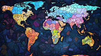 Wall Mural - Vibrant stained-glass world map, continents made of colorful translucent segments, artistic representation of global geography.