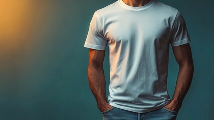 Wall Mural - t-shirt mockup displayed on a mannequin, showcasing a plain white design, set against a minimalist studio backdrop with soft natural lighting to highlight its versatility and style