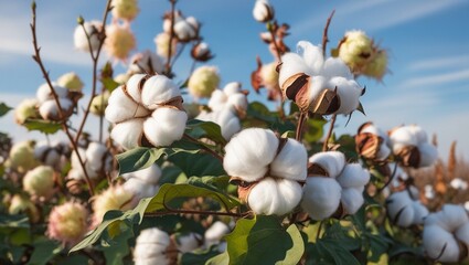 Wall Mural - A vibrant cotton plant with lush green leaves and sturdy stems, boasting a multitude of fluffy white cotton shells, some bursting open to reveal soft, puffy cotton fibers, amidst a backdrop of delicat