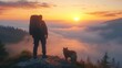 © AdorStudios - hiker enjoying the freedom of the mountain summit, standing with arms open as the sun sets behind him, capturing the beauty of nature and the spirit of adventure