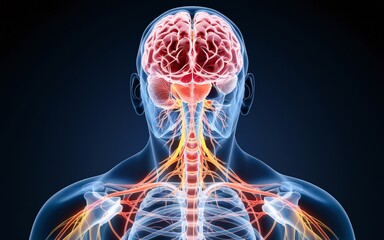 Human brain anatomy illustration, showing the nervous system with a focus on the brain.