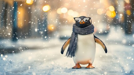 Fashionable Penguin Struts Down Snowy Street in Trendy Winter Attire