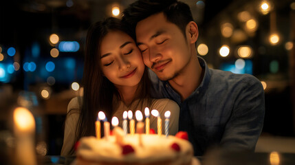 Asian couple hugging with love at a birthday celebration in a restaurant, boyfriend and girlfriend making wish together in happiness, enjoying a cheerful surprise party as candles light up their cake