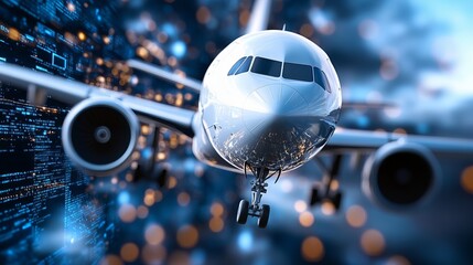 A white airplane with its landing gear down, preparing to land in a city at night.