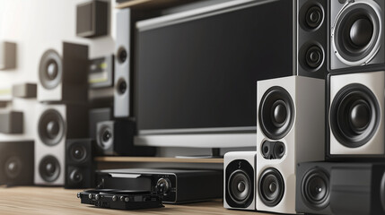 Modern audio-video system with speakers in front of a television