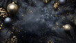 © Erika - un fondo negro con elementos decorativos de navidad como piñas de pino o esferas en color plata y dorado para tarjeta navideña