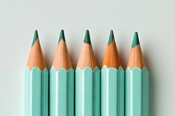 A row of colored pencils lined up in a row on a white surface