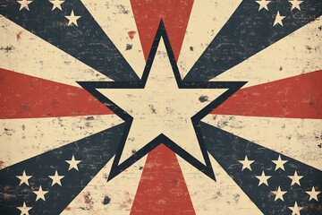 A vintage-style graphic featuring a central star surrounded by red and blue rays, evoking a patriotic American theme.