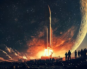 Wall Mural - spectacular space rocket launch ignites lunar colony s night sky