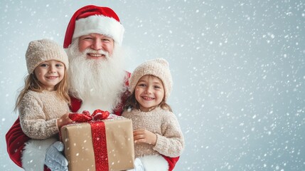 Santa Claus with two young girls, sharing gifts in a festive snowy setting. Heartwarming holiday scene.