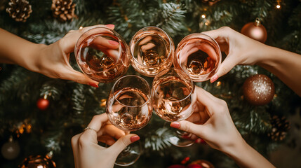 amigos brindando y disfrutando de una celebracion de navidad o de año nuevo con decoracion navideña celebrando un brindis con vino y amigos