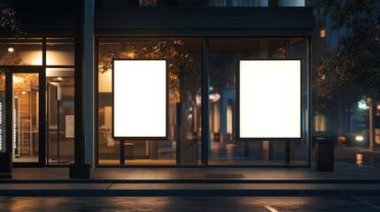 Two blank billboards outside a modern building at night, illuminated by ambient street lighting.