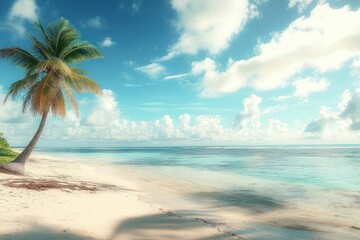 Sticker - Scenic coral beach with palm tree summer sky landscape.