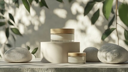 Poster - Sunlight filters through leaves, highlighting two stylish skincare jars placed on textured surfaces. Smooth stones complement the natural aesthetic, creating a tranquil and inviting atmosphere.