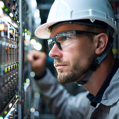 a system engineer wearing safety glasses and a hard hat focuses intently on a complex control panel in a data center environment highlighted by white, photo, png