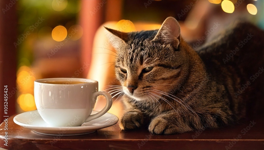 Cup Of Coffee With A Cat At Cozy Cafe - generative ai, üretken yapay ...