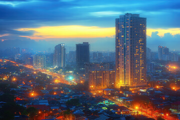 Chic City Skyline At Twilight, With Modern High-Rises Illuminated By City Lights, Providing A Sleek And Stylish Classy Background