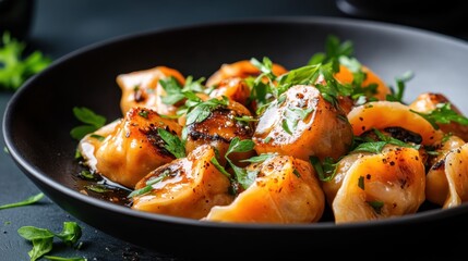 The image beautifully captures a dish of mouth-watering steamed dumplings, garnished with fresh green herbs, in an exquisite presentation ideal for culinary delights.