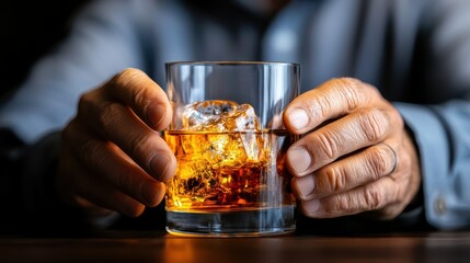 Hands firmly grasp a whiskey glass filled with large ice cubes, showcasing a classic beverage presentation, evoking a sense of relaxation and indulgence.