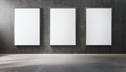 Modern gallery interior with three blank posters on a tiled wall. 3D Rendering