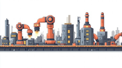 Sticker - Simple And Clean Background Illustrating Various Factory Elements Like Conveyor Belts And Robotic Arms, Rendered In Line Art Style On A White Background, Promoting A Sleek, High-Tech Feel