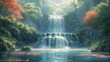 © julija - whimsical pastel painting of cascading waterfalls surrounded by lush green foliage, creating a serene and calming atmosphere that invites viewers into a tranquil nature retreat