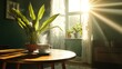 © JoxyAimages - A potted plant and steaming cup of coffee rest on a round wooden table in a vibrant, sunlit room, conveying a sense of peace and morning freshness.