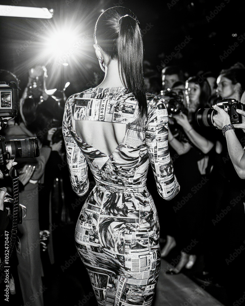 A woman showcases a striking long-sleeved newspaper-print bodycon dress at  an upscale fashion event Stock Photo | Adobe Stock
