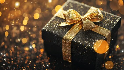 Wall Mural - a black gift box with a gold bow sits on a sparkly surface
