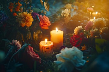 Burning candles for the Day of the Dead surrounded by flowers. Autumn Christian festival. All Saints' Day in Poland, decorations for the cemetery. generative ai