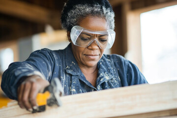 Focused craftsperson wearing protective gear engaged in woodworking task