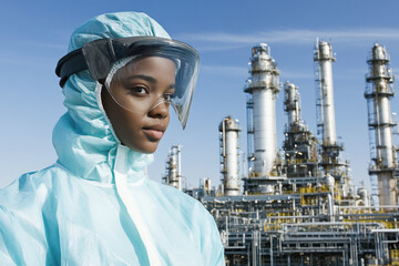 Engineer in protective gear at industrial refinery: safety, technology, and environmental management