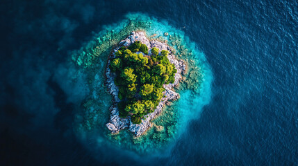 Wall Mural - aerial view of lush green island surrounded by turquoise ocean water in croatian adriatic sea