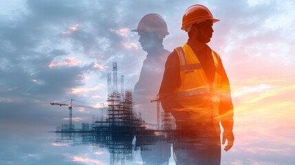 Silhouettes of two construction workers standing against a sunset sky, with a construction site in the background.  The image symbolizes hard work, determination, and progress.