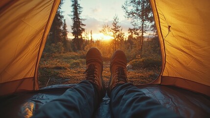 Poster - A person relaxes in a tent, gazing at a beautiful sunrise illuminating the forest. The tranquil setting highlights the joys of outdoor camping at dawn.