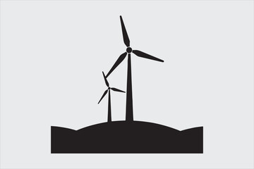 black and white silhouette of two wind turbines.