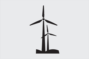 Black and white silhouette of two wind turbines.