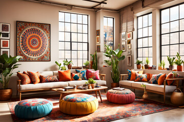 Wall Mural - Cozy living room interior design bohemian themed pattern, Generated by ai