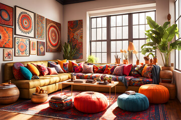 Wall Mural - Cozy living room interior design bohemian themed pattern, Generated by ai