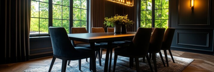 A stylish dining room with a contemporary table, plush chairs, and large windows that flood the space with natural light. The room features a sleek and minimalist design with a touch of elegance.