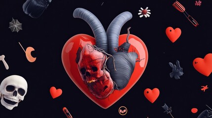 A surreal illustration of a heart, entwined with darkness and symbolism, representing the complexities of love and life. The heart, a symbol of love, is intertwined with a skull, representing mortalit