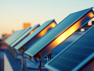 golden sunlight glowing through rows of solar panels on a rooftop