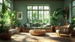 © Purnomo adi - A cozy living room with a large window overlooking a lush garden, featuring rattan furniture, green walls, and large plants.