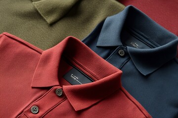 Close up view of sleeves of four men's cotton polo shirts in different colors .generative ai